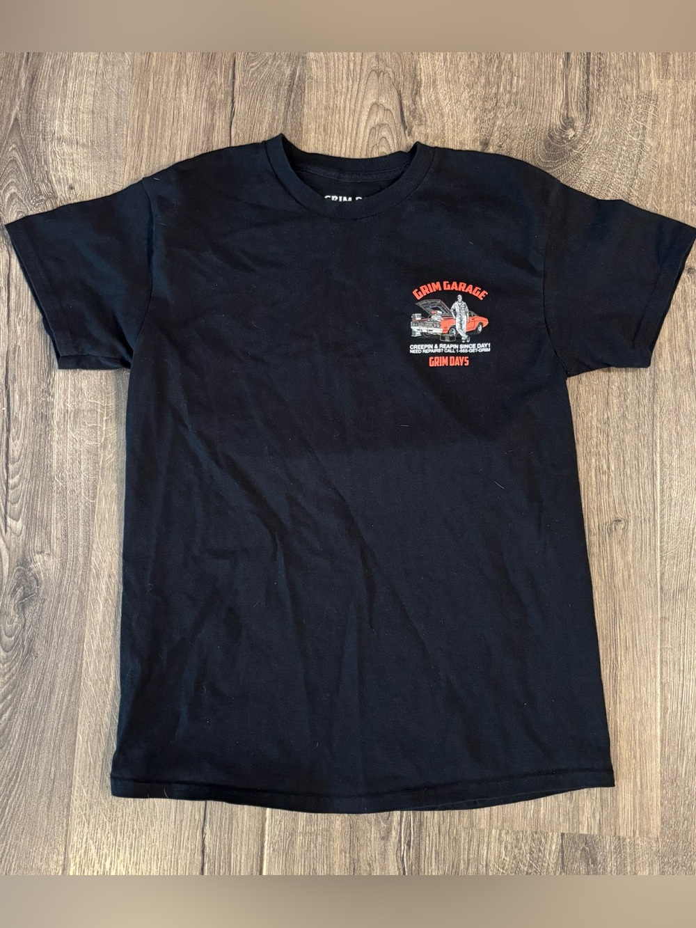 Grim Garage Graphic Black Tee w/ ‘Creepin & Reapin Since Day 1” Mens size Med